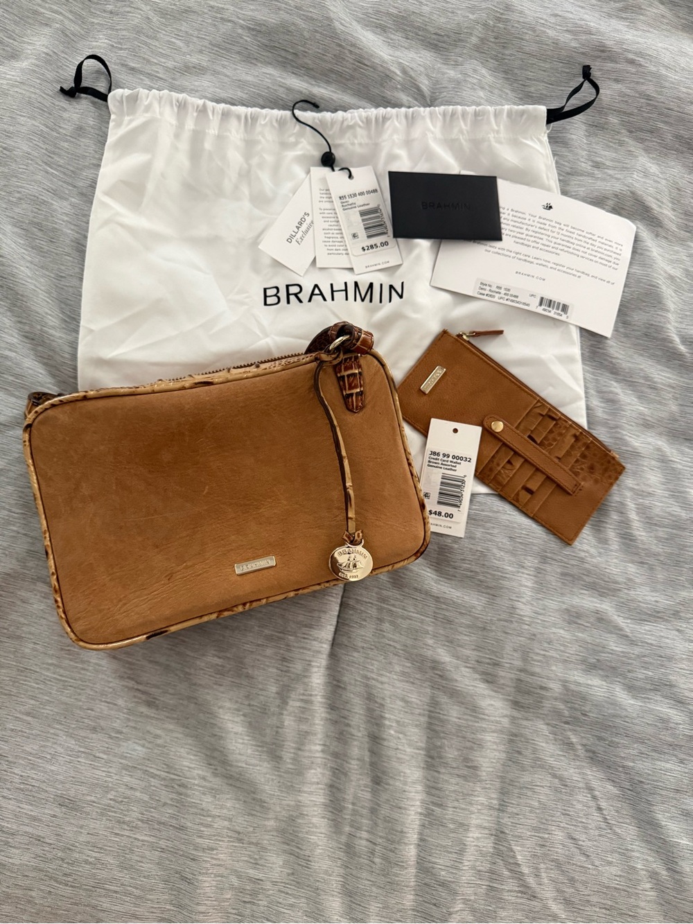 Brahmin Rochelle Genuine Leather Cognac Tan Crossbody with Card Wallet